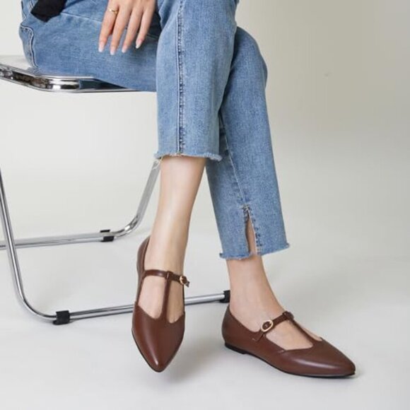 Women's T-Strap Mary Jane Ballet Flats Pointed Toe Adjustable Buckle Slip On - Picture 3 of 8